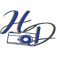 Blue and highlighted gold letters HD logo with a camera design